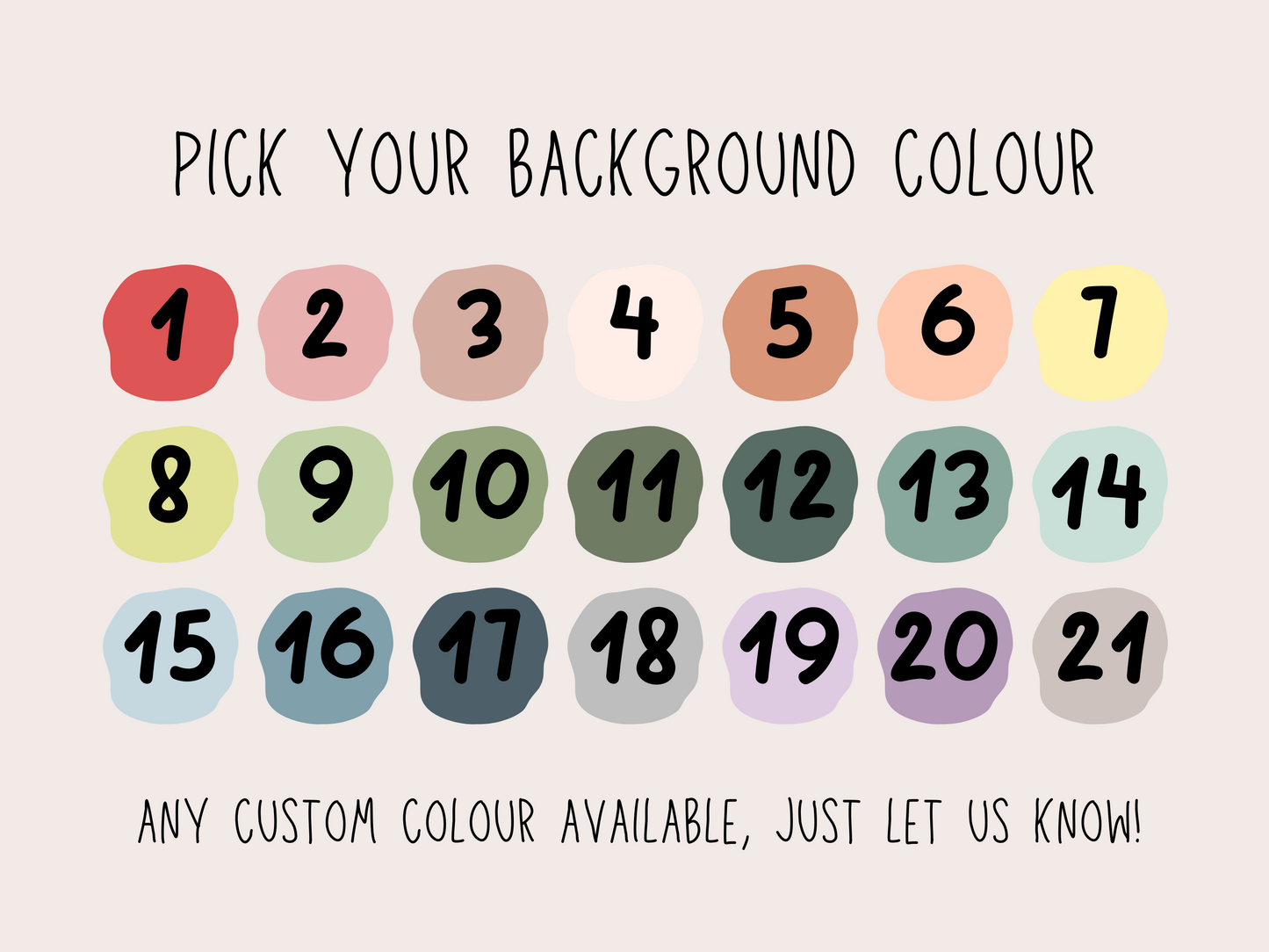 Color swatches with numbers and text 'Pick your background colour' on a light pink background.