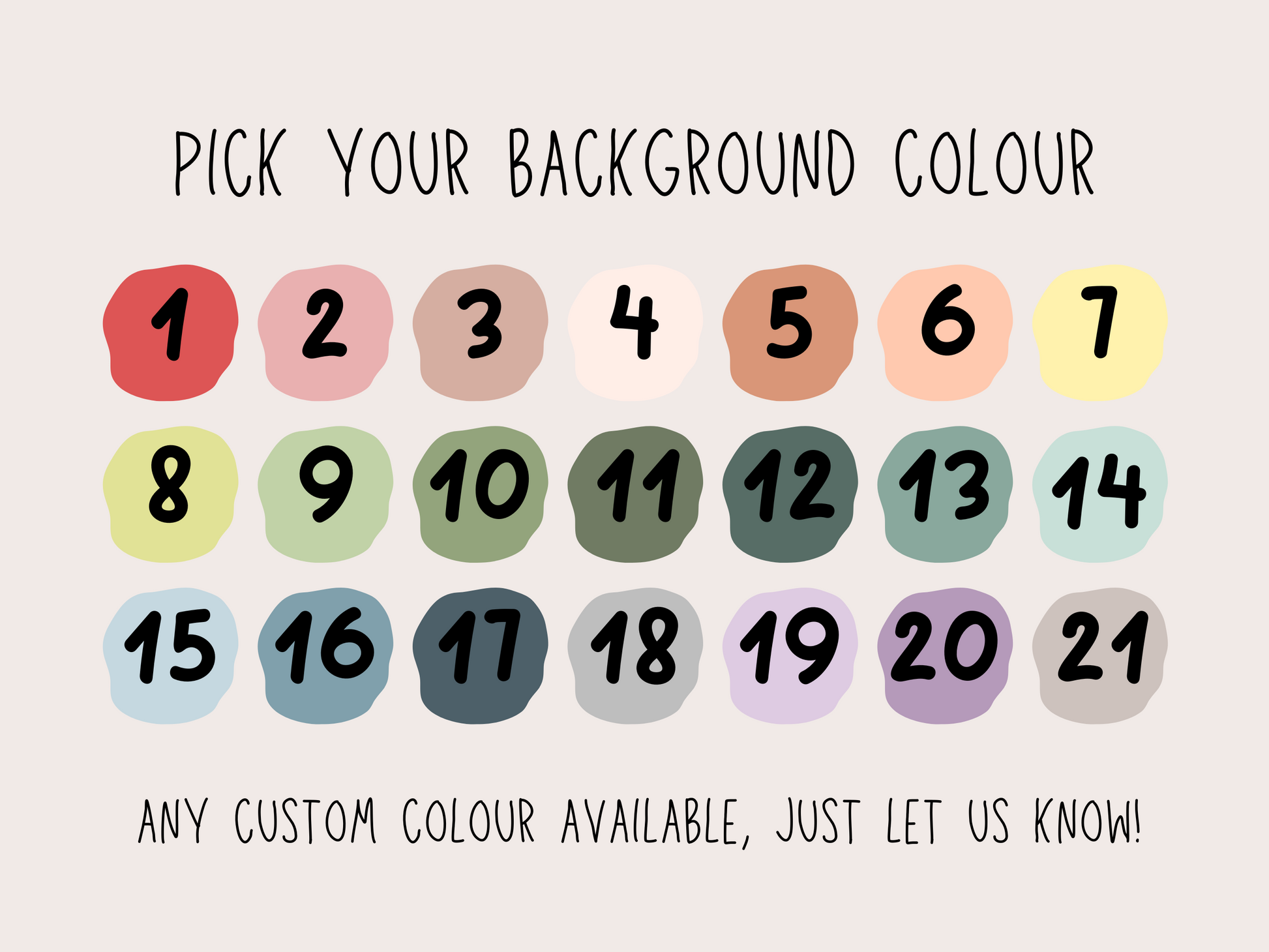 Color swatches with numbers and text 'Pick your background colour' on a light pink background.