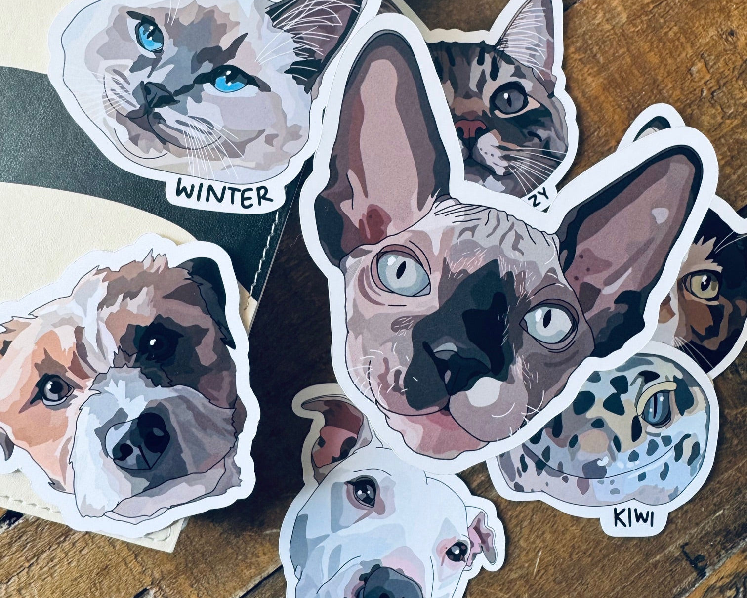 Set of animal stickers on a wooden surface