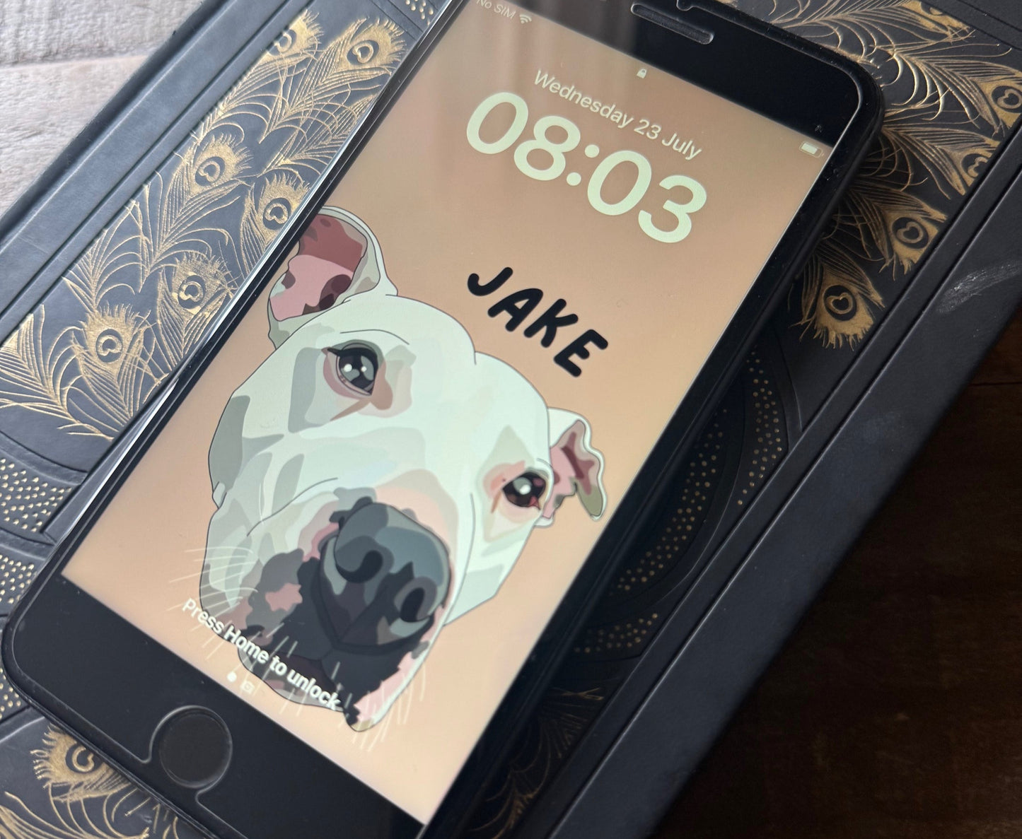 Phone with a dog-themed wallpaper on a decorative stand