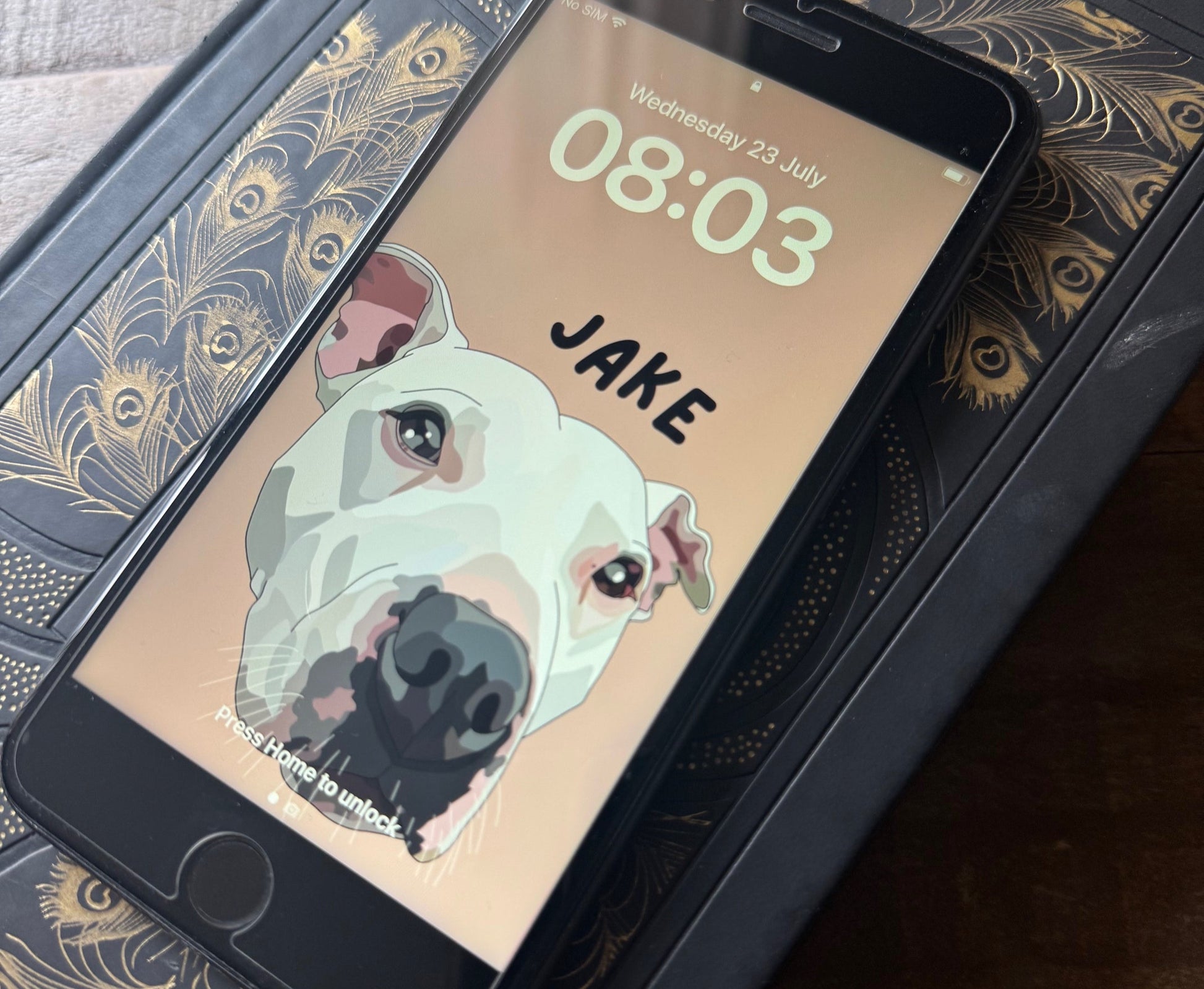 Phone with a dog-themed wallpaper on a decorative stand
